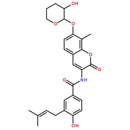 Benzamide, 4-hydroxy-3-(3-methyl-2-buten-1-yl)-N-[8-methyl-2-oxo-7-[[(2R,3R)-tetrahydro-3-hydroxy-2H-pyran-2-yl]oxy]-2H-1-benzopyran-3-yl]-