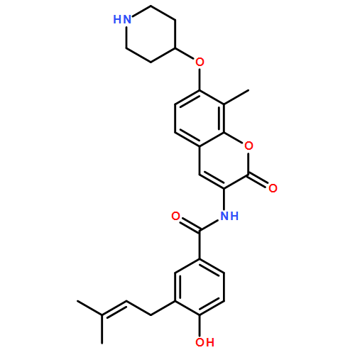 Benzamide, 4-hydroxy-3-(3-methyl-2-buten-1-yl)-N-[8-methyl-2-oxo-7-(4-piperidinyloxy)-2H-1-benzopyran-3-yl]-